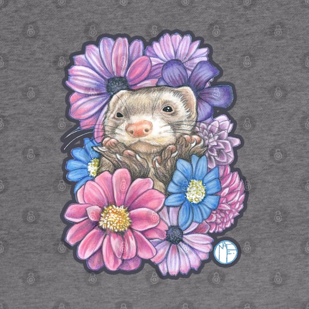 Ferret And Flowers - Charcoal Outline by Nat Ewert Art